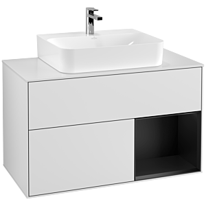 Villeroy et Boch Finion Villeroy et Boch G121PDMT 100cm, plaque de finition blanc mat, Emotion, étagère à droite laqué noir mat, laqué blanc mat