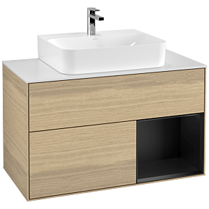Villeroy und Boch Finion Waschtischunterschrank G121PDPC 100cm, Abdeckplatte white matt, Emotion, Regal rechts Black matt lacquer, Oak Veneer
