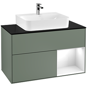 Villeroy et Boch Finion Villeroy et Boch G122GFGM 100cm, plaque de finition noir mat, Emotion, étagère à droite Laque blanc brillant, Olive Matt Lacquer