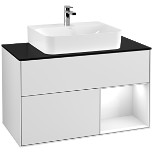 Villeroy et Boch Finion Villeroy et Boch G122GFMT 100cm, plaque de finition noir mat, Emotion, étagère à droite laqué blanc brillant, laqué blanc mat