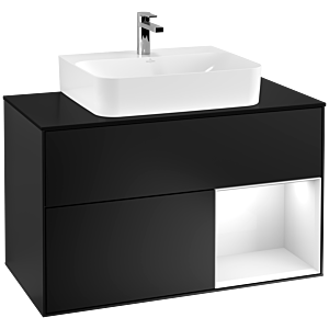 Villeroy und Boch Finion Waschtischunterschrank G122GFPD 100cm, Abdeckplatte black matt, Emotion, Regal rechts Glossy white lacquer, Black matt lacquer