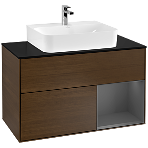 Villeroy und Boch Finion Waschtischunterschrank G122GKGN 100cm, Abdeckplatte black matt, Emotion, Regal rechts Anthracite matt, Walnut veneer