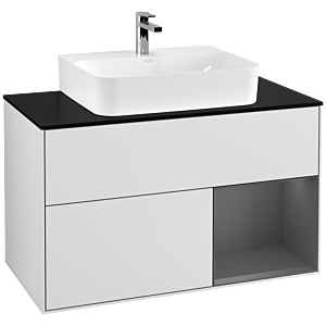 Villeroy und Boch Finion Waschtischunterschrank G122GKMT 100cm, Abdeckplatte black matt, Emotion, Regal rechts Anthracite matt, White matt lacquer