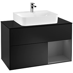 Villeroy und Boch Finion Waschtischunterschrank G122GKPD 100cm, Abdeckplatte black matt, Emotion, Regal rechts Anthracite matt, Black matt lacquer