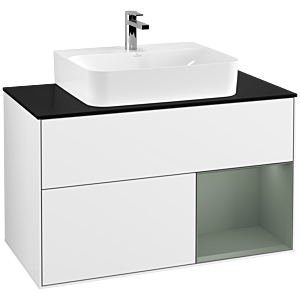Villeroy et Boch Finion Villeroy et Boch G122GMGF 100cm, plaque de finition noir mat, émotion, étagère à droite Olive Matt Lacquer , laqué blanc brillant