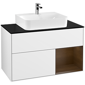 Villeroy und Boch Finion Waschtischunterschrank G122GNGF 100cm, Abdeckplatte black matt, Emotion, Regal rechts Walnut veneer, Glossy white lacquer