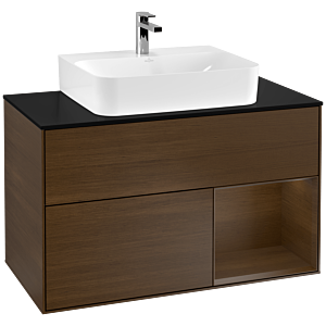 Villeroy und Boch Finion Waschtischunterschrank G122GNGN 100cm, Abdeckplatte black matt, Emotion, Regal rechts Walnut veneer, Walnut veneer