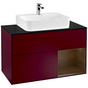 Villeroy und Boch Finion Waschtischunterschrank G122GNHB 100cm, Abdeckplatte black matt, Emotion, Regal rechts Walnut veneer, Peony Matt