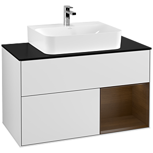Villeroy und Boch Finion Waschtischunterschrank G122GNMT 100cm, Abdeckplatte black matt, Emotion, Regal rechts Walnut veneer, White matt lacquer