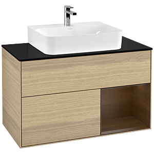 Villeroy und Boch Finion Waschtischunterschrank G122GNPC 100cm, Abdeckplatte black matt, Emotion, Regal rechts Walnut veneer, Oak Veneer