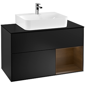 Villeroy und Boch Finion Waschtischunterschrank G122GNPD 100cm, Abdeckplatte black matt, Emotion, Regal rechts Walnut veneer, Black matt lacquer