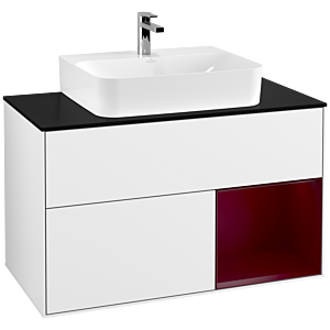 Villeroy und Boch Finion Waschtischunterschrank G122HBGF 100cm, Abdeckplatte black matt, Emotion, Regal rechts Peony, Glossy white lacquer