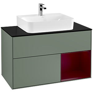 Villeroy und Boch Finion Waschtischunterschrank G122HBGM 100cm, Abdeckplatte black matt, Emotion, Regal rechts Peony, Olive Matt Lacquer