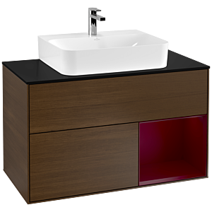 Villeroy und Boch Finion Waschtischunterschrank G122HBGN 100cm, Abdeckplatte black matt, Emotion, Regal rechts Peony, Walnut veneer