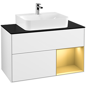 Villeroy und Boch Finion Waschtischunterschrank G122HFGF 100cm, Abdeckplatte black matt, Emotion, Regal rechts Gold matt, Glossy white lacquer