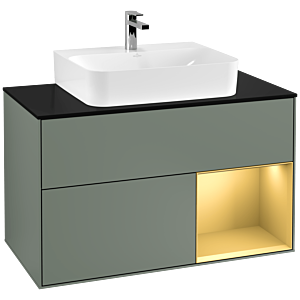 Villeroy und Boch Finion Waschtischunterschrank G122HFGM 100cm, Abdeckplatte black matt, Emotion, Regal rechts Gold matt, Olive Matt Lacquer