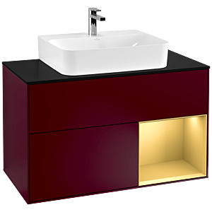 Villeroy und Boch Finion Waschtischunterschrank G122HFHB 100cm, Abdeckplatte black matt, Emotion, Regal rechts Gold matt, Peony Matt