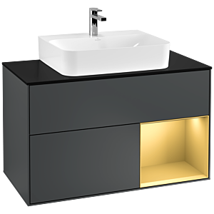 Villeroy und Boch Finion Waschtischunterschrank G122HFHG 100cm, Abdeckplatte black matt, Emotion, Regal rechts Gold matt, Midnight Blue Matt Lacquer