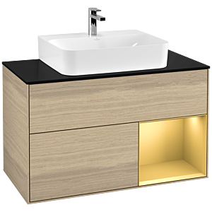 Villeroy und Boch Finion Waschtischunterschrank G122HFPC 100cm, Abdeckplatte black matt, Emotion, Regal rechts Gold matt, Oak Veneer
