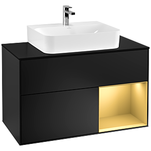 Villeroy et Boch Finion Villeroy et Boch G122HFPD 100cm, plaque de finition noir mat, Emotion, étagère droite or mat, laqué noir mat