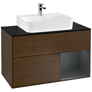 Villeroy und Boch Finion Waschtischunterschrank G122HGGN 100cm, Abdeckplatte black matt, Emotion, Regal rechts Midnight Blue Matt Lacquer, Walnut veneer