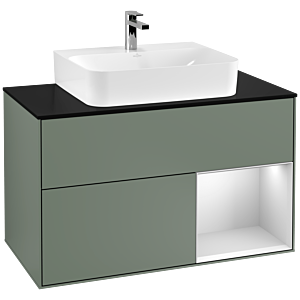 Villeroy und Boch Finion Waschtischunterschrank G122MTGM 100cm, Abdeckplatte black matt, Emotion, Regal rechts White matt lacquer, Olive Matt Lacquer