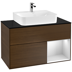 Villeroy und Boch Finion Waschtischunterschrank G122MTGN 100cm, Abdeckplatte black matt, Emotion, Regal rechts White matt lacquer, Walnut veneer