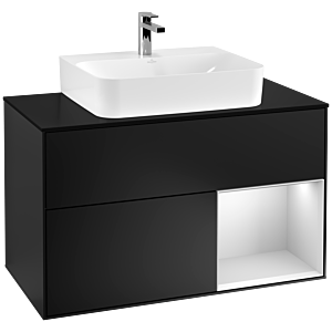 Villeroy et Boch Finion Villeroy et Boch G122MTPD 100cm, plaque de finition noir mat, Emotion, étagère à droite laqué blanc mat, laqué noir mat