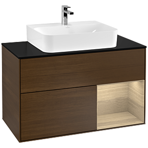 Villeroy und Boch Finion Waschtischunterschrank G122PCGN 100cm, Abdeckplatte black matt, Emotion, Regal rechts Oak Veneer, Walnut veneer