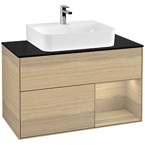 Villeroy und Boch Finion Waschtischunterschrank G122PCPC 100cm, Abdeckplatte black matt, Emotion, Regal rechts Oak Veneer, Oak Veneer