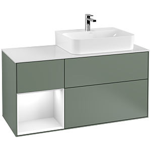 Villeroy und Boch Finion Waschtischunterschrank G141GFGM 120cm, Abdeckplatte white matt, Emotion, Regal links Glossy white lacquer, Olive Matt Lacquer