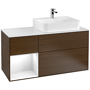 Villeroy und Boch Finion Waschtischunterschrank G141GFGN 120cm, Abdeckplatte white matt, Emotion, Regal links Glossy white lacquer, Walnut veneer