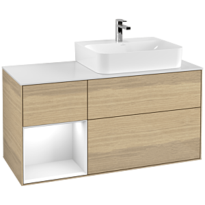Villeroy et Boch Finion Villeroy et Boch G141GFPC 120cm, plaque de finition blanc mat, Emotion, étagère gauche laqué blanc brillant, Oak Veneer