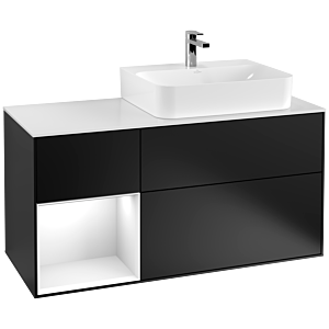Villeroy und Boch Finion Waschtischunterschrank G141GFPD 120cm, Abdeckplatte white matt, Emotion, Regal links Glossy white lacquer, Black matt lacquer