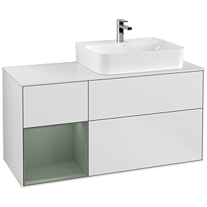 Villeroy und Boch Finion Waschtischunterschrank G141GMMT 120cm, Abdeckplatte white matt, Emotion, Regal links Olive Matt Lacquer, White matt lacquer