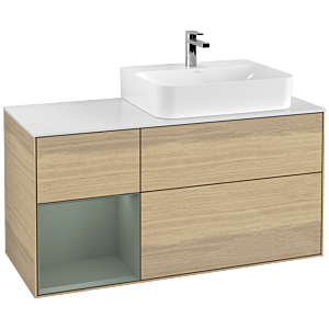 Villeroy und Boch Finion Waschtischunterschrank G141GMPC 120cm, Abdeckplatte white matt, Emotion, Regal links Olive Matt Lacquer, Oak Veneer
