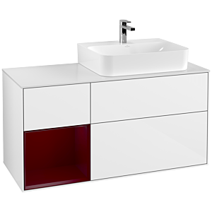 Villeroy und Boch Finion Waschtischunterschrank G141HBGF 120cm, Abdeckplatte white matt, Emotion, Regal links Peony, Glossy white lacquer