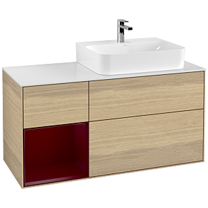 Villeroy und Boch Finion Waschtischunterschrank G141HBPC 120cm, Abdeckplatte white matt, Emotion, Regal links Peony, Oak Veneer