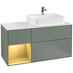 Villeroy und Boch Finion Waschtischunterschrank G141HFGM 120cm, Abdeckplatte white matt, Emotion, Regal links Gold matt, Olive Matt Lacquer
