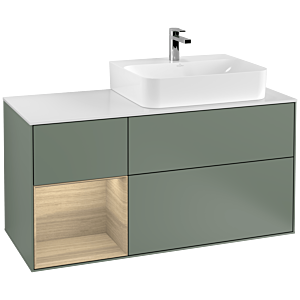 Villeroy und Boch Finion Waschtischunterschrank G141PCGM 120cm, Abdeckplatte white matt, Emotion, Regal links Oak Veneer, Olive Matt Lacquer