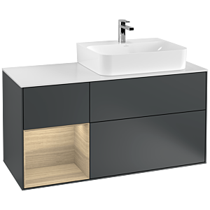 Villeroy und Boch Finion Waschtischunterschrank G141PCHG 120cm, Abdeckplatte white matt, Emotion, Regal links Oak Veneer, Midnight Blue Matt Lacquer