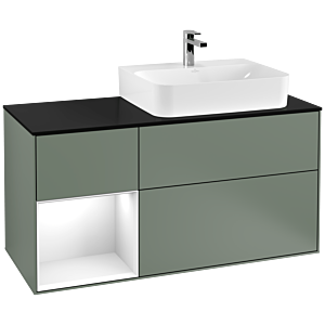 Villeroy and Boch Finion Villeroy and Boch Finion G142GFGM 120cm, cover plate black matt, Emotion, shelf left Glossy white lacquer, Olive Matt Lacquer