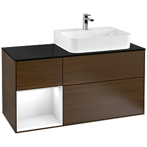 Villeroy und Boch Finion Waschtischunterschrank G142GFGN 120cm, Abdeckplatte black matt, Emotion, Regal links Glossy white lacquer, Walnut veneer