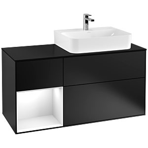 Villeroy und Boch Finion Waschtischunterschrank G142GFPD 120cm, Abdeckplatte black matt, Emotion, Regal links Glossy white lacquer, Black matt lacquer