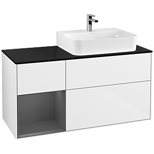 Villeroy und Boch Finion Waschtischunterschrank G142GKGF 120cm, Abdeckplatte black matt, Emotion, Regal links Anthracite matt, Glossy white lacquer