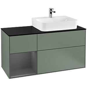 Villeroy und Boch Finion Waschtischunterschrank G142GKGM 120cm, Abdeckplatte black matt, Emotion, Regal links Anthracite matt, Olive Matt Lacquer