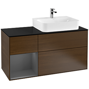 Villeroy und Boch Finion Waschtischunterschrank G142GKGN 120cm, Abdeckplatte black matt, Emotion, Regal links Anthracite matt, Walnut veneer