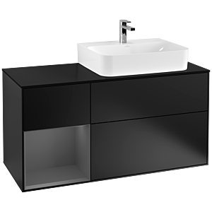 Villeroy und Boch Finion Waschtischunterschrank G142GKPD 120cm, Abdeckplatte black matt, Emotion, Regal links Anthracite matt, Black matt lacquer