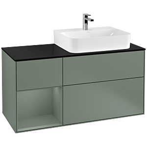 Villeroy und Boch Finion Waschtischunterschrank G142GMGM 120cm, Abdeckplatte black matt, Emotion, Regal links Olive Matt Lacquer, Olive Matt Lacquer