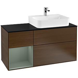 Villeroy und Boch Finion Waschtischunterschrank G142GMGN 120cm, Abdeckplatte black matt, Emotion, Regal links Olive Matt Lacquer, Walnut veneer